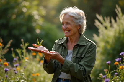 Femme dans un jardin observant une mante religieuse sur sa main