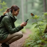 Femme en veste de randonnée utilisant une application mobile pour identifier un oiseau dans la forêt