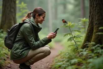 Femme en veste de randonnée utilisant une application mobile pour identifier un oiseau dans la forêt