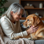 Femme réconforte un chien âgé sur un canapé cosy