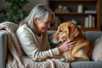 Femme réconforte un chien âgé sur un canapé cosy