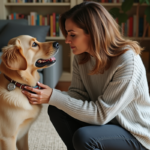 Femme âgée examinant le collier de son chien golden retriever