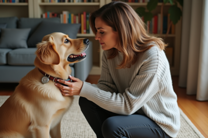 Femme âgée examinant le collier de son chien golden retriever