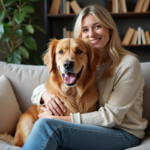 Femme souriante avec un retriever dans un salon moderne