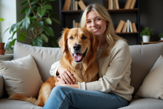 Femme souriante avec un retriever dans un salon moderne