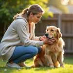 Femme en jeans caressant un retriever dans un jardin ensoleille