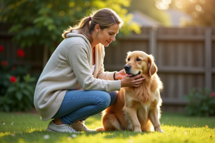 Femme en jeans caressant un retriever dans un jardin ensoleille
