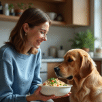 Femme souriante donne du riz à son chien dans la cuisine