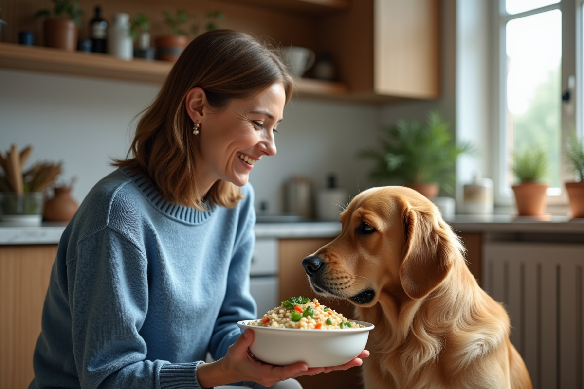 Femme souriante donne du riz à son chien dans la cuisine