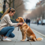 Femme assise avec son retriever dans un quartier urbain