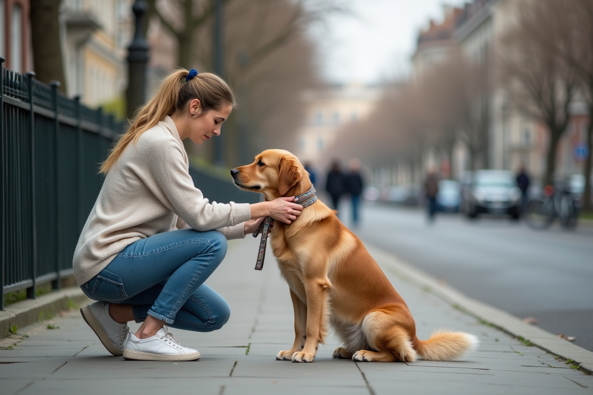 Femme assise avec son retriever dans un quartier urbain