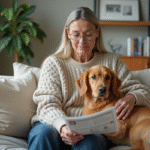 Femme assise avec son chien en regardant une brochure d'assurance animale