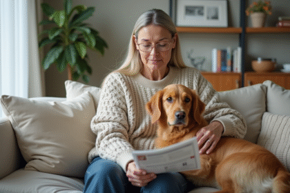 Femme assise avec son chien en regardant une brochure d'assurance animale