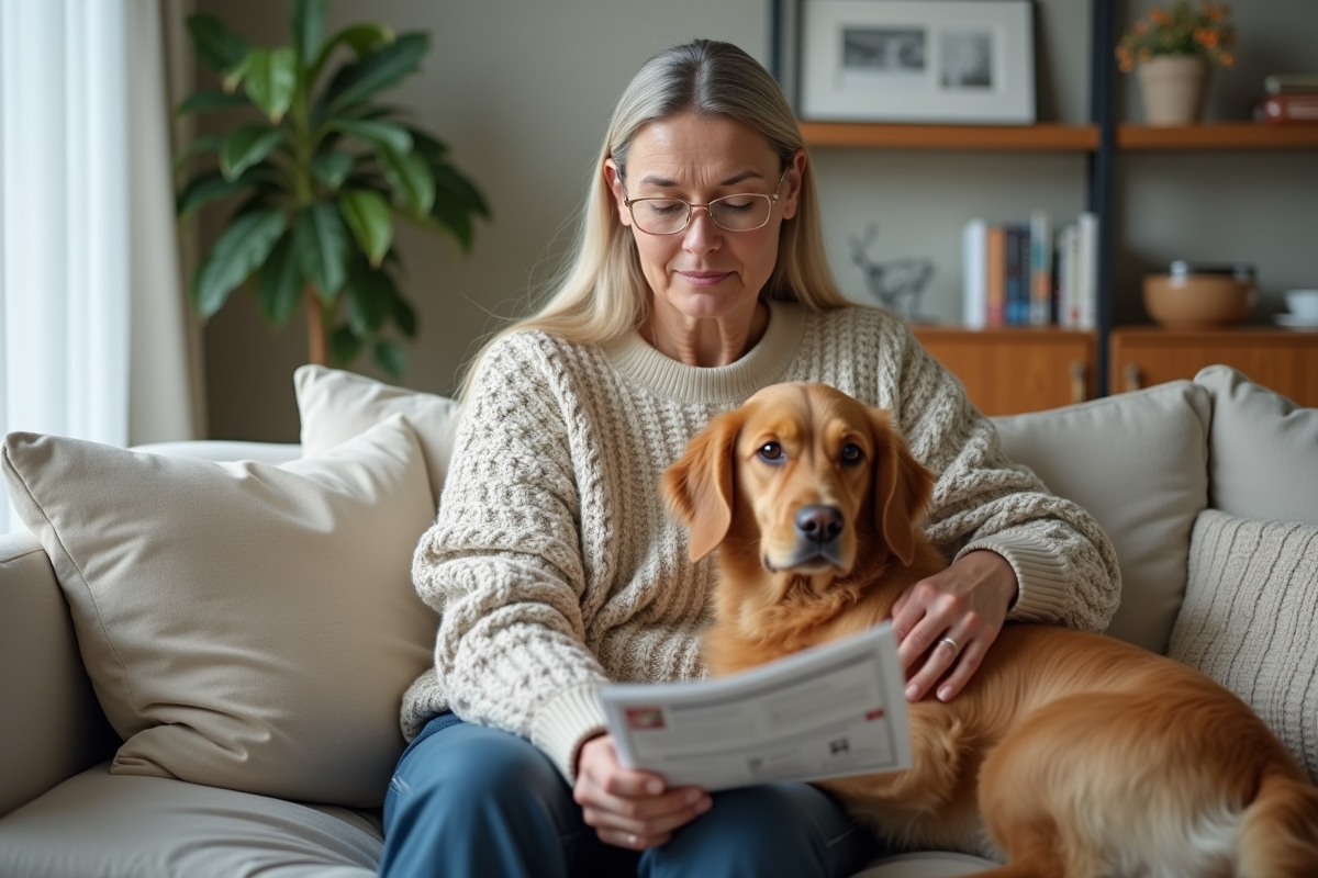 Femme assise avec son chien en regardant une brochure d'assurance animale