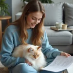 Jeune femme en pull bleu avec chat Birman dans un salon