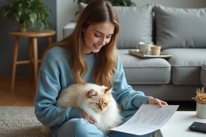 Jeune femme en pull bleu avec chat Birman dans un salon
