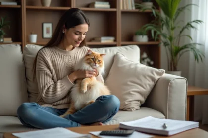 Femme avec chat sacré birman dans un salon cosy