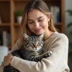 Femme tenant tendrement sa chatte tigrée dans ses bras à la maison, illustrant le soin et le bien-être félin