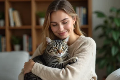 Femme tenant tendrement sa chatte tigrée dans ses bras à la maison, illustrant le soin et le bien-être félin