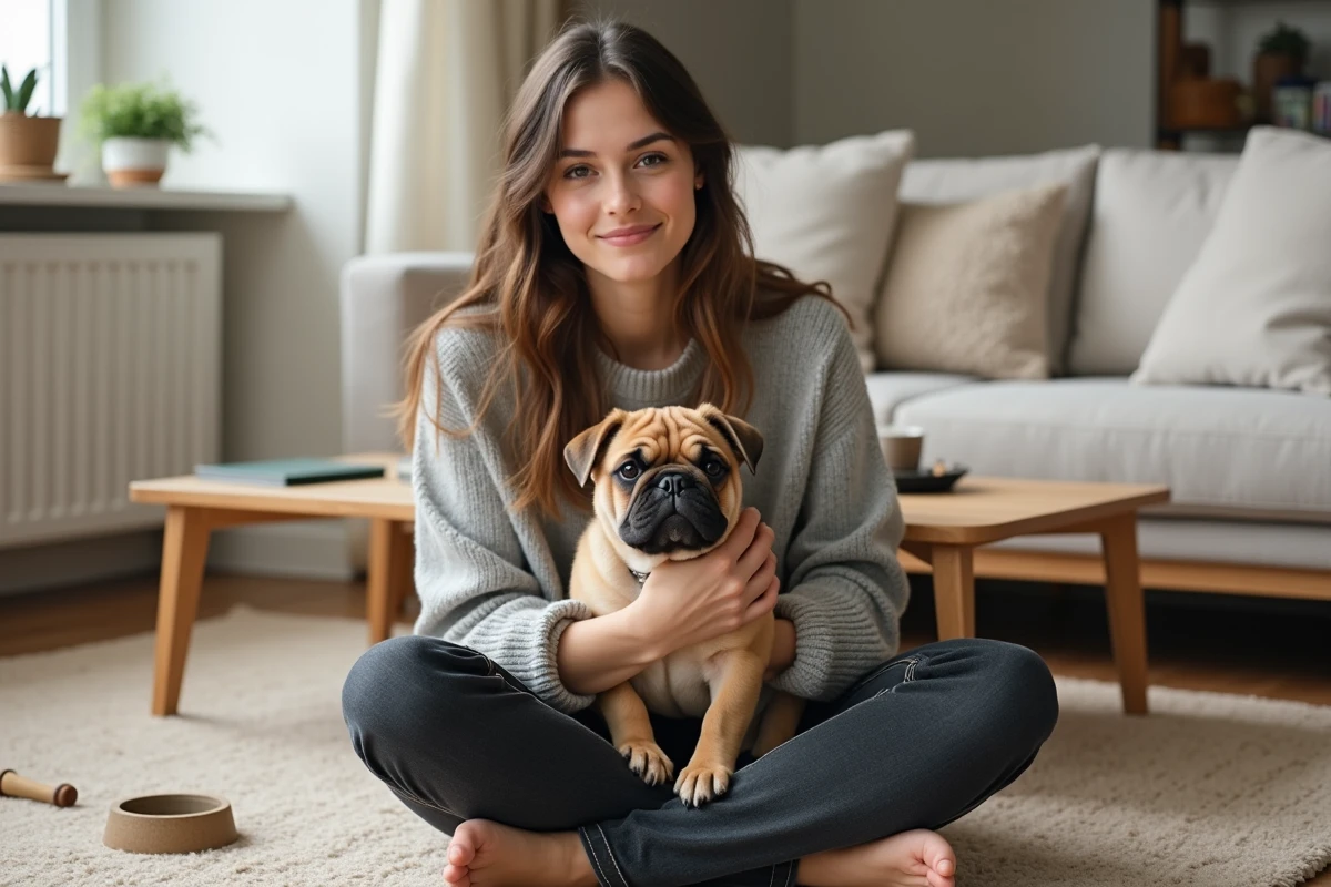 Jeune femme tenant affectueusement un chiot Bulldog Pocket dans ses bras dans un appartement moderne et accueillant