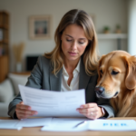 Femme d'âge moyen vérifiant des factures vétérinaires à son bureau