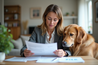 Femme d'âge moyen vérifiant des factures vétérinaires à son bureau