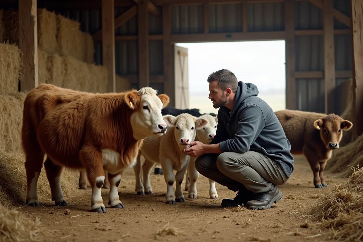 Fermeur examinant des mini bovins dans une grange rustique