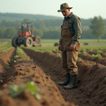 Fermeur examinant les sillons dans un champ agricole