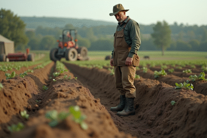 Fermeur examinant les sillons dans un champ agricole