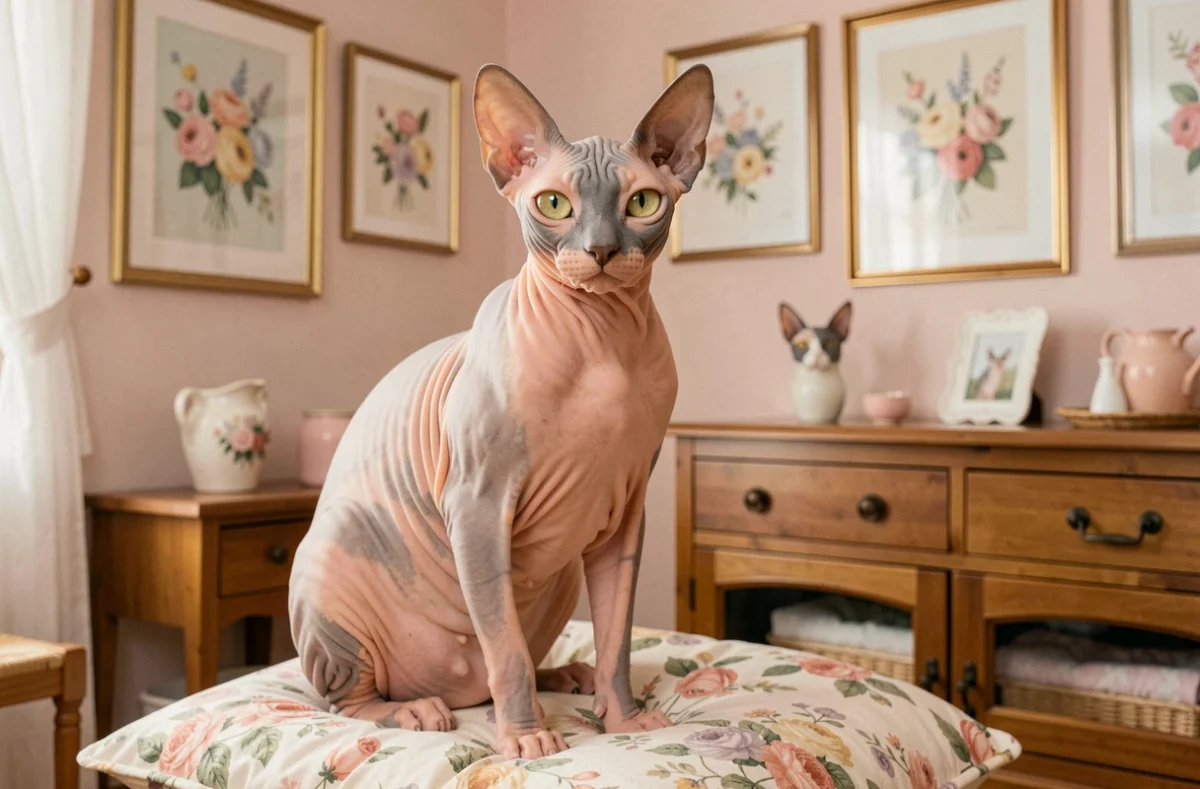 Chat Sphynx sans poils à la peau rosée et ridée assis sur un coussin fleuri dans l'environnement douillet de la Chatterie Fleur de Sphynx