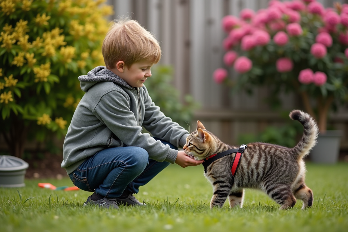 Jeune garçon attachant un harnais à son chat dans le jardin