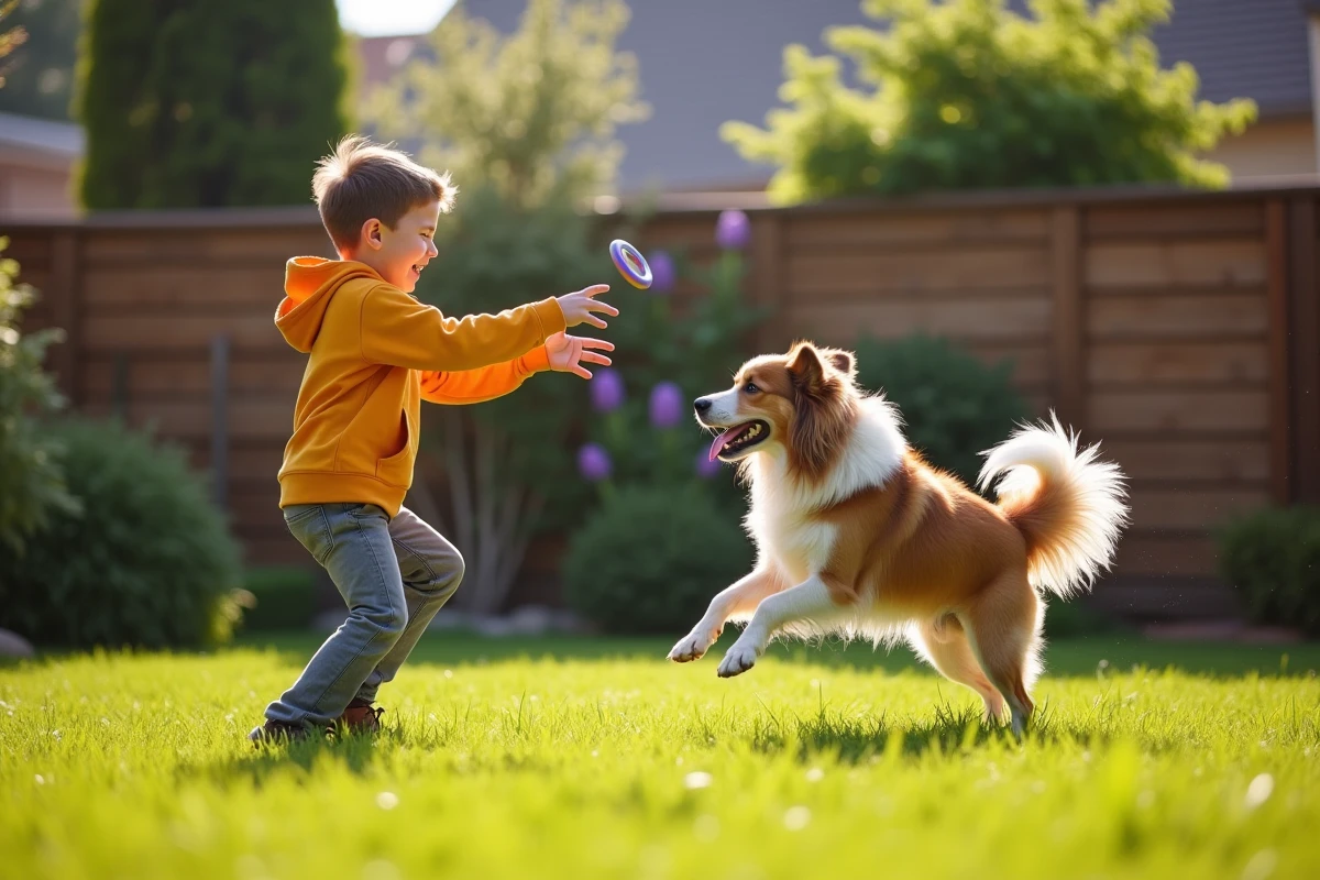 Garçon lançant un frisbee à un chien en plein saut dans le jardin