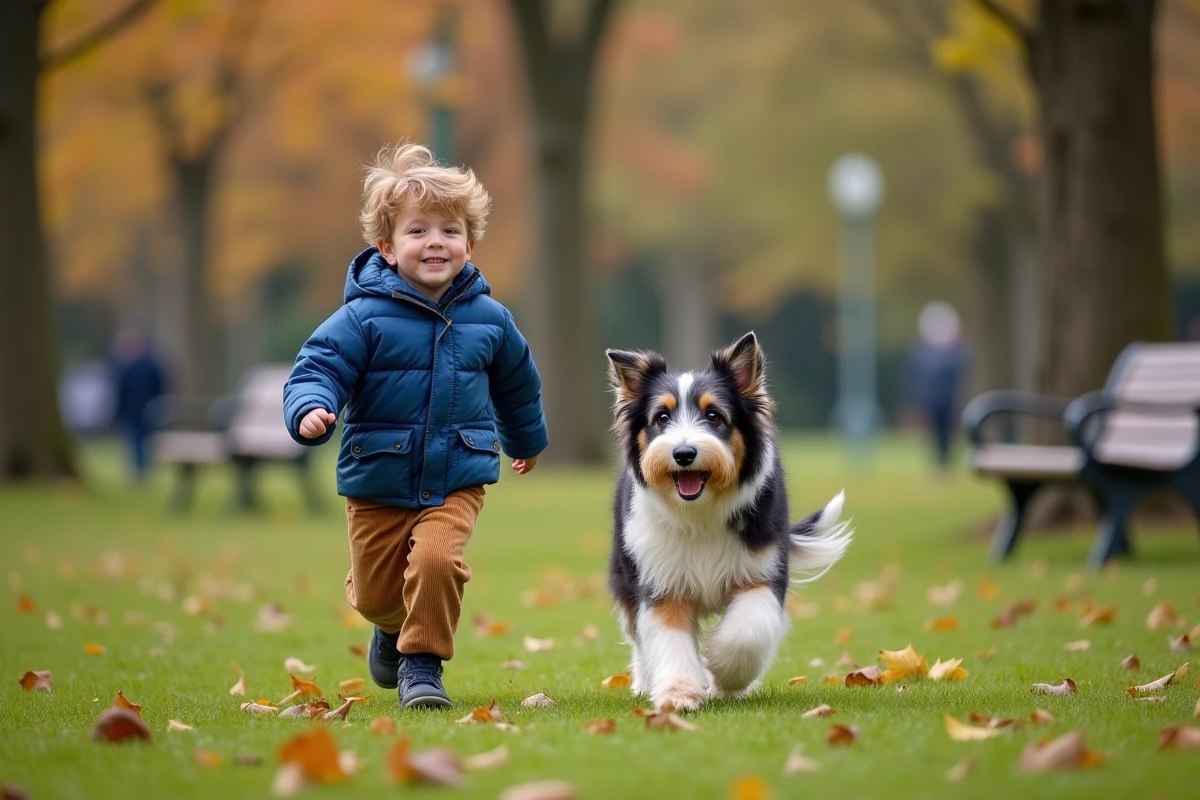 Garçon courant avec chien dans un parc verdoyant
