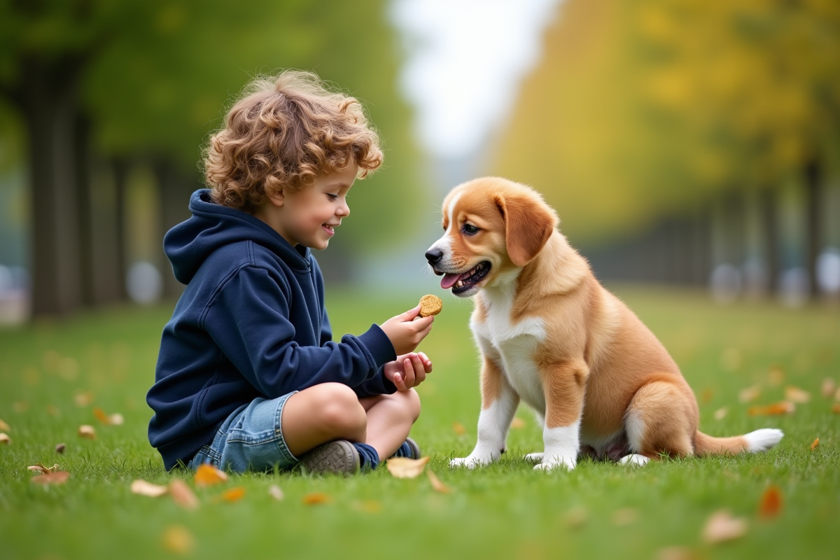 Garçon partageant des friandises avec son chiot dans un parc