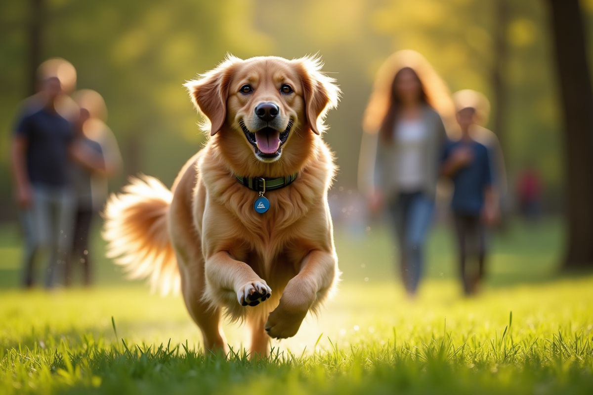 Golden retriever courant dans un parc en portant une médaille d
