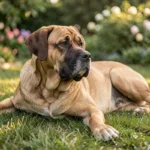 Grand chien de type molosse au repos dans un jardin