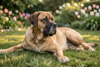 Grand chien de type molosse au repos dans un jardin
