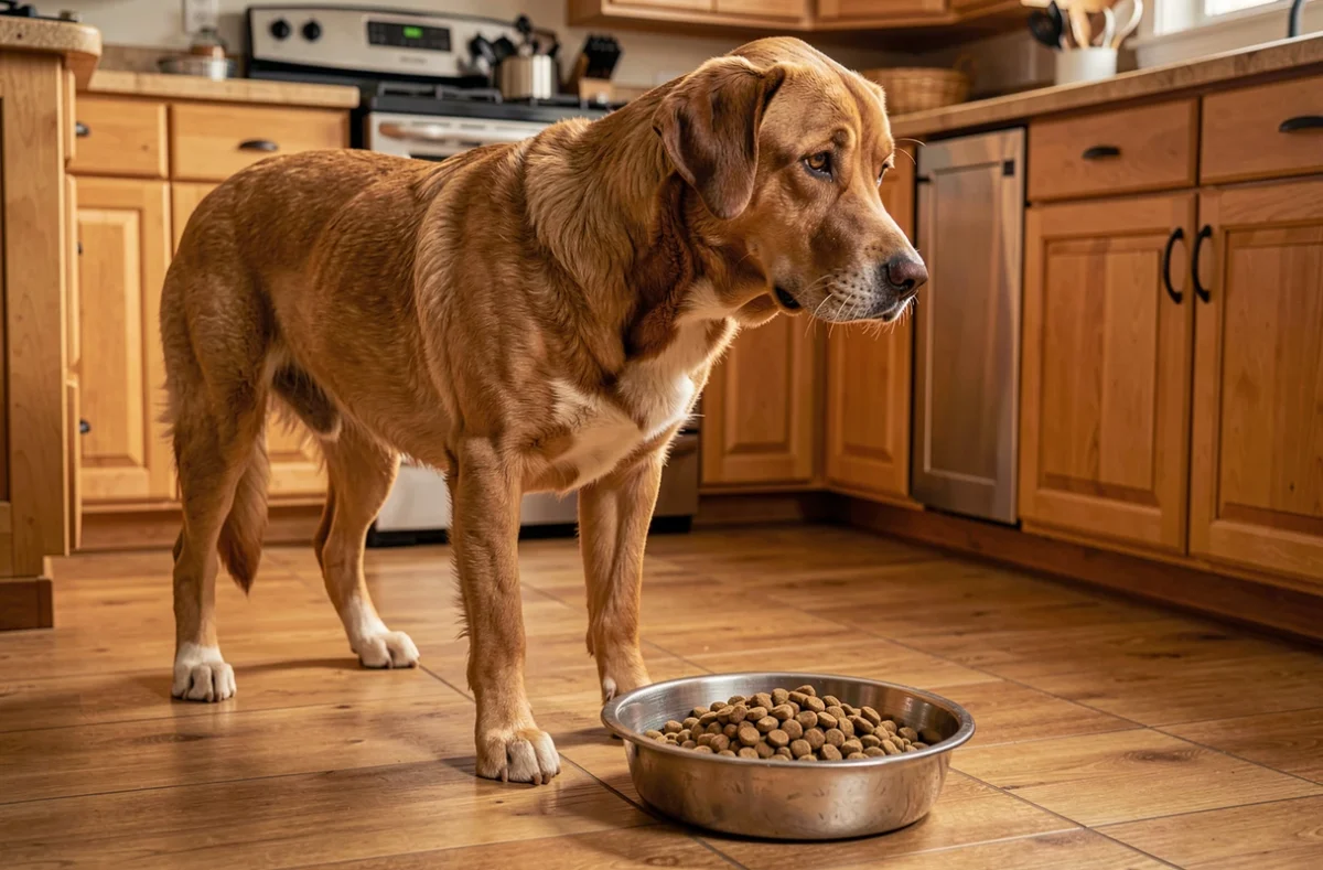 Grand chien devant une gamelle de croquettes