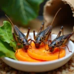 Grillons en captivité se nourrissant de carottes et de légumes frais dans un terrarium avec substrat de fibre de coco
