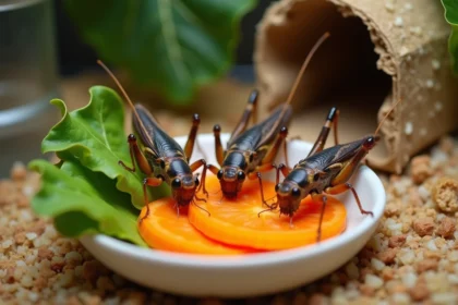 Grillons en captivité se nourrissant de carottes et de légumes frais dans un terrarium avec substrat de fibre de coco