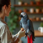 Femme apprivoisant un gris du Gabon bleu perché sur son bras dans un intérieur chaleureux
