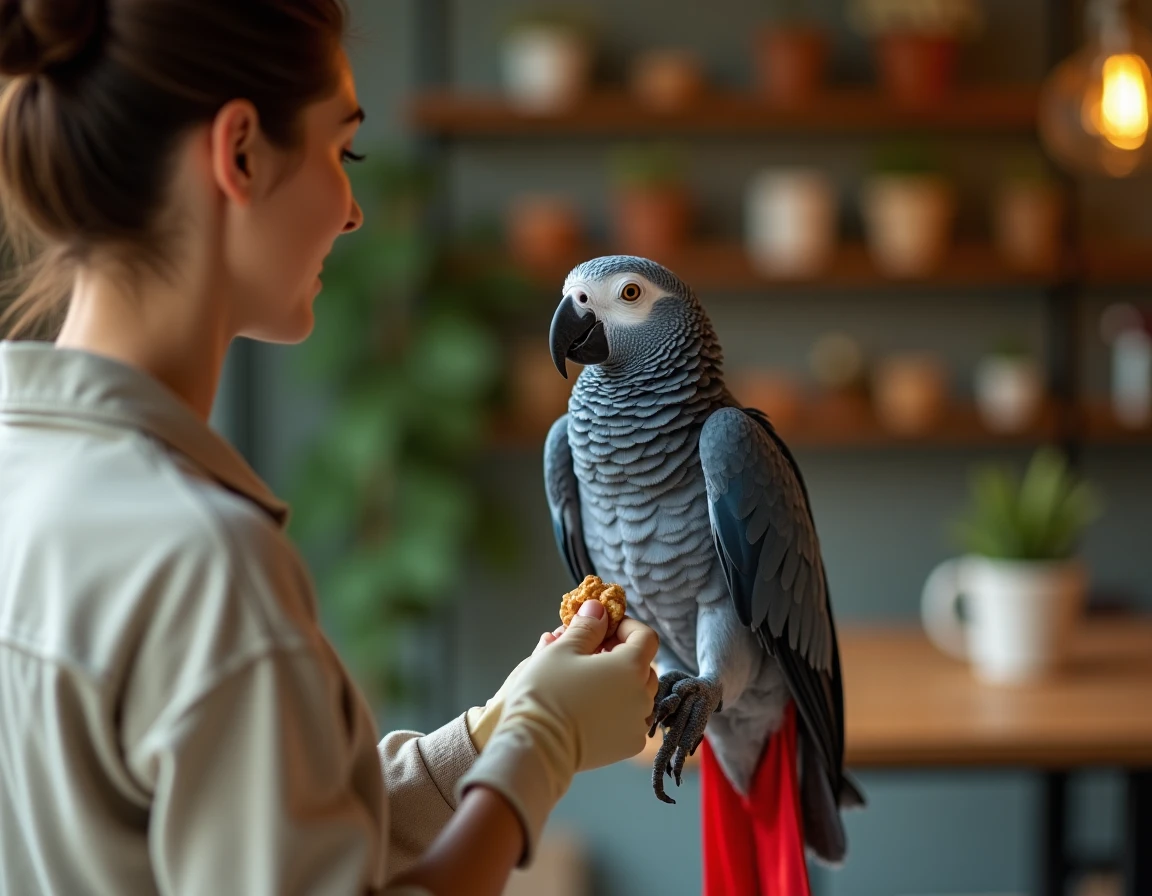Femme apprivoisant un gris du Gabon bleu perché sur son bras dans un intérieur chaleureux