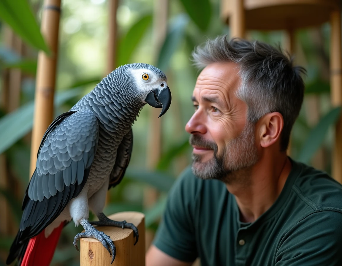 Homme en interaction avec un gris du Gabon bleu apprivoisé dans une volière végétalisée