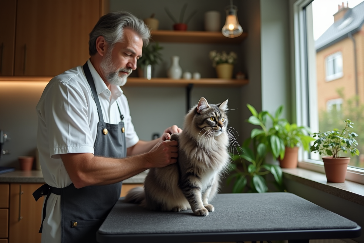 Homme professionnel brossant un chat à poils longs dans un studio