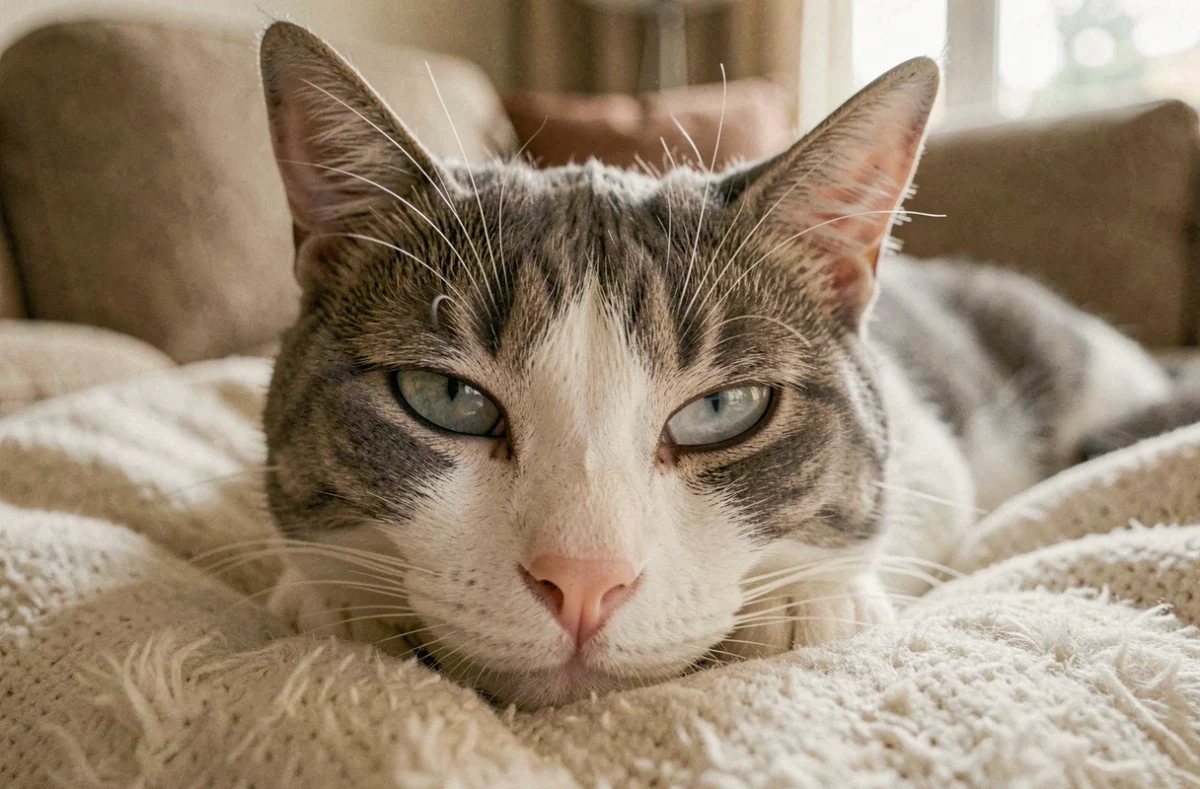 Gros plan sur l'œil d'un chat domestique présentant une opacité cornéenne caractéristique d'un ulcère en cours de guérison