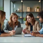Groupe de quatre adultes en discussion dans un bureau moderne