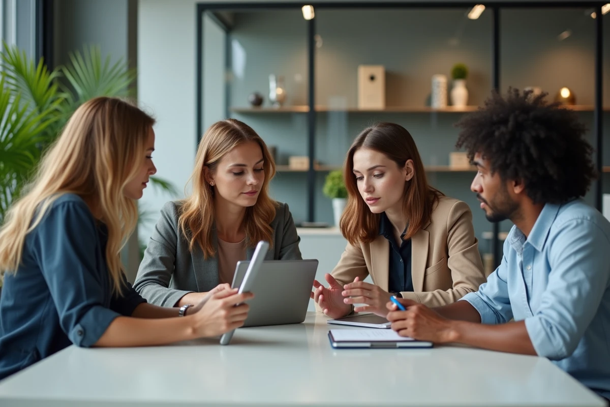 Groupe de quatre adultes en discussion dans un bureau moderne