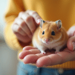 Personne tenant doucement un hamster doré sur la paume