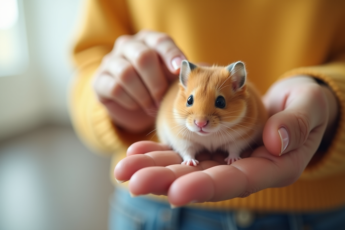 Personne tenant doucement un hamster doré sur la paume