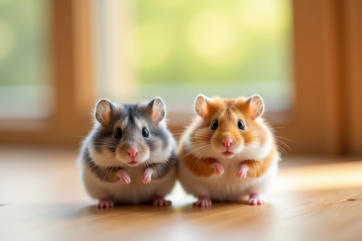 Deux hamsters côte à côte sur une surface en bois clair
